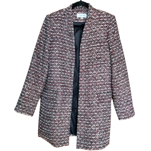 Calvin Klein Metallic Silver Sequins Women's Open Front Tweed Textured Jacket 12 - Picture 1 of 8